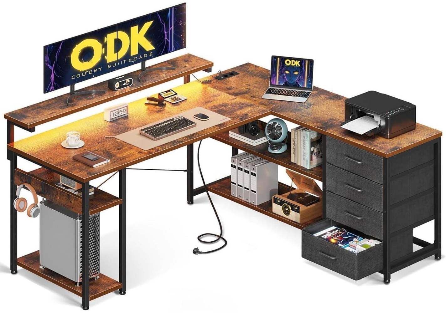 ODK Schreibtisch mit Schubladen und LED, Eckschreibtisch 135x110cm Bild 1