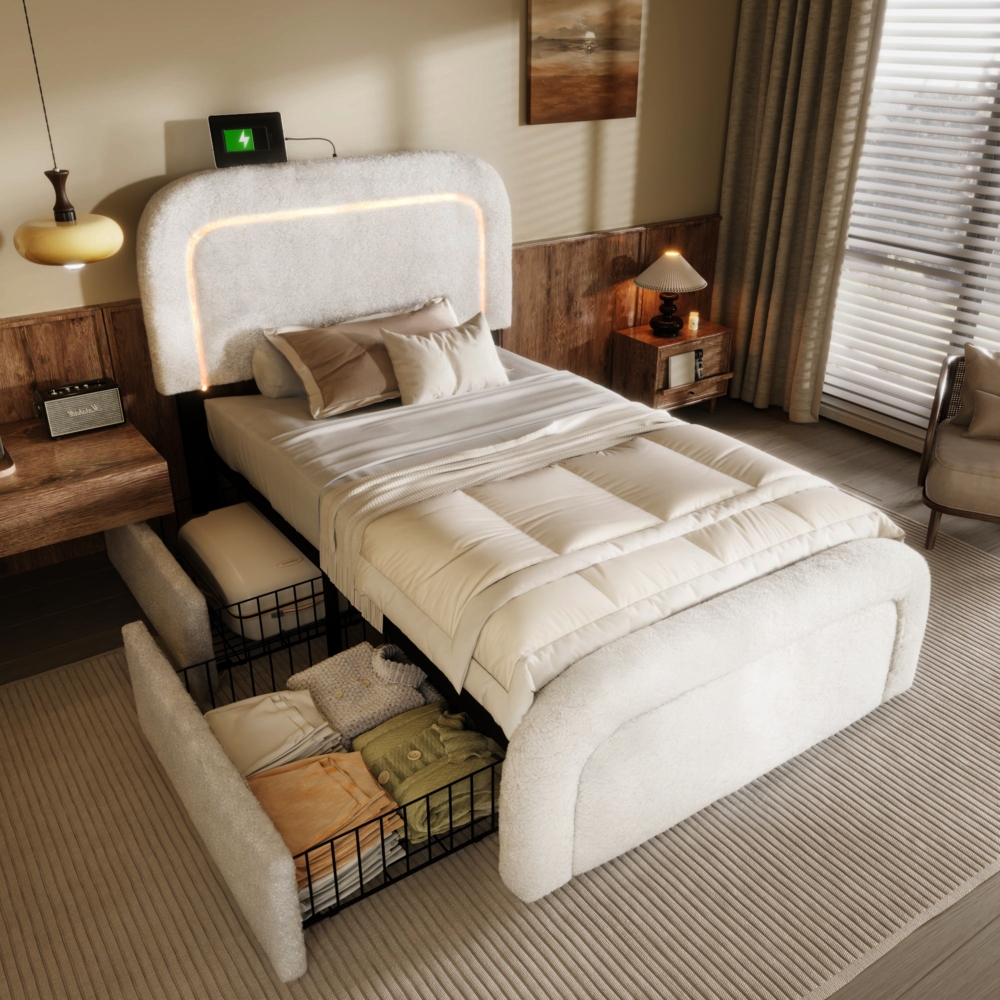 Bettgestell Einzelbett Polsterbett, mit USB Typ-C Ladefunktion, LED-Beleuchtung, 2 Schubladen, höhenverstellbares Kopfteil, Lattenrost aus Holz, Sherpa-Stoff, weiß, 90 x 200 cm (ohne Matratze) Bild 1