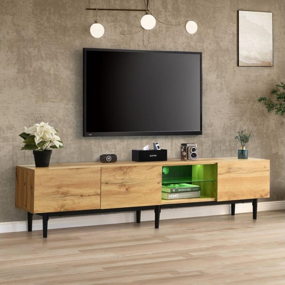 Merax Lowboard mit LED-Beleuchtung inkl. Fernbedienung, Wildeiche TV-Schrank, Fernsehtisch mit Glasablage,TV-Board,TV- Ständer,B:175cm Bild 1