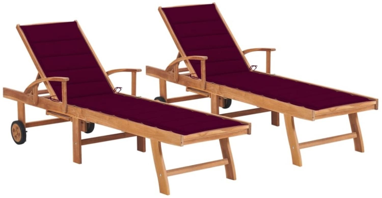 vidaXL Sonnenliegen 2 Stk. mit Auflagen Weinrot Massivholz Teak 3073195 Bild 1