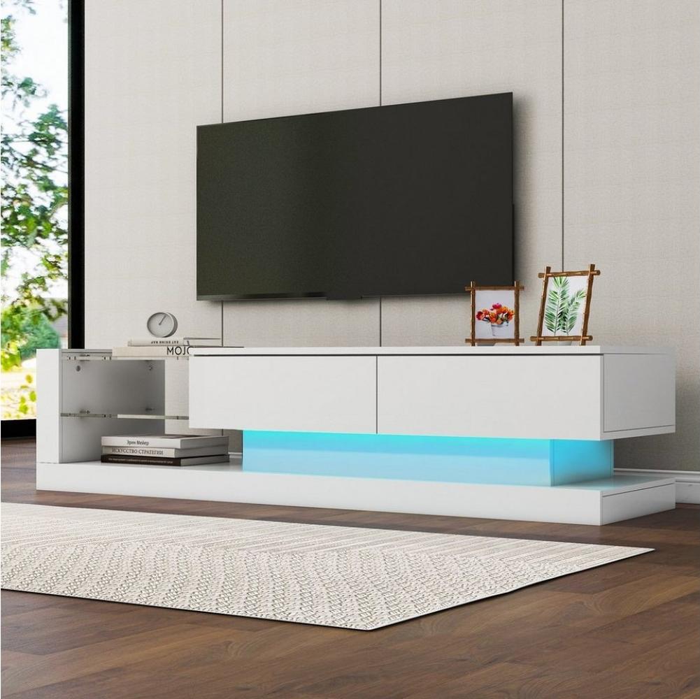 Merax Lowboard mit Glasablagen und LED-Beleuchtung, TV-Schrank hochglanz mit Klapptüren,Fernsehtisch,TV-Board,Breite:140cm Bild 1