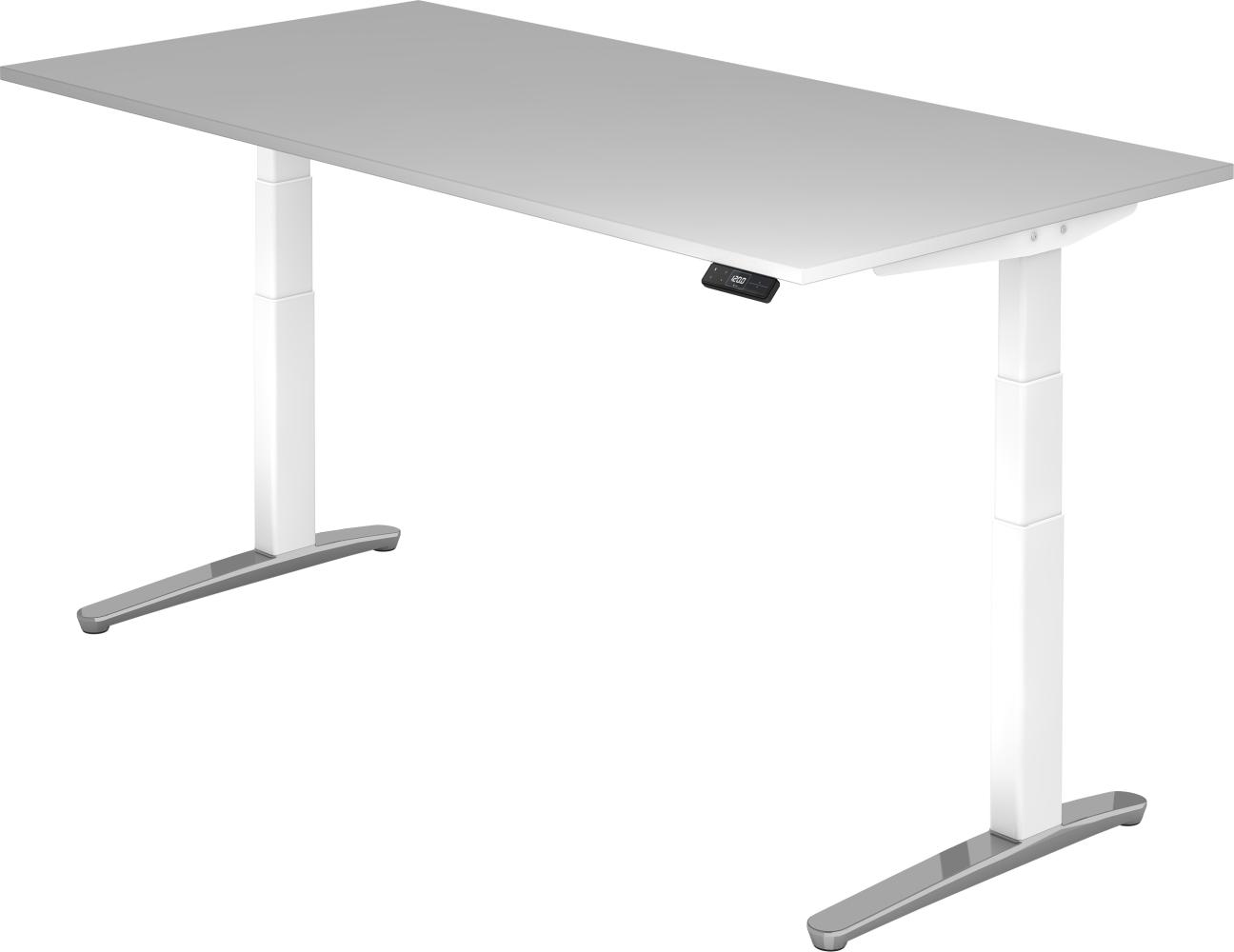 bümö® Sitz- & Stehschreibtisch Serie-XBHM elektrisch höhenverstellbar mit Memoryfunktion, Tischplatte 200 x 100 cm in Grau Gestell in weiß / aluminium poliert Bild 1