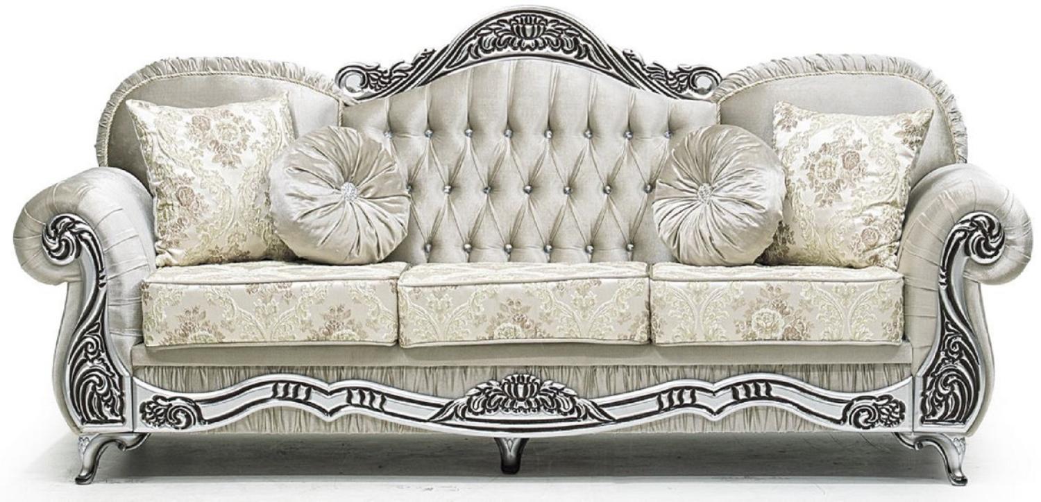 Casa Padrino Luxus Barock Sofa Grau / Creme / Silber / Schwarz - Prunkvolles Wohnzimmer Sofa mit elegantem Muster und Glitzersteinen - Luxus Wohnzimmer Möbel im Barockstil - Barock Möbel Bild 1