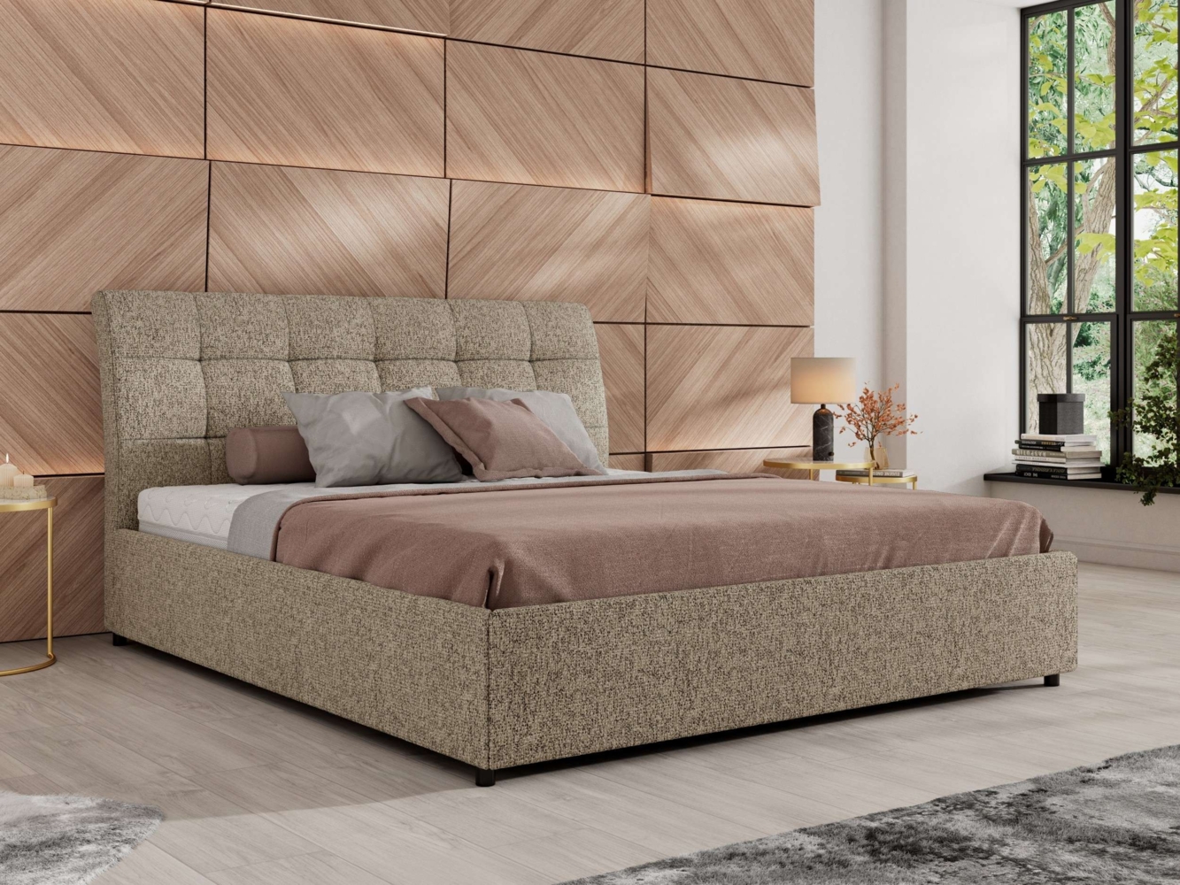 Polsterbett mit Lattenrost Gasfeder Doppelbett GALA CLASSIC gepolstert Kopfteil Bettkasten Foam Matratze - 200x200 cm - Dunkelbeige Strukture - MIRO LUX Bild 1