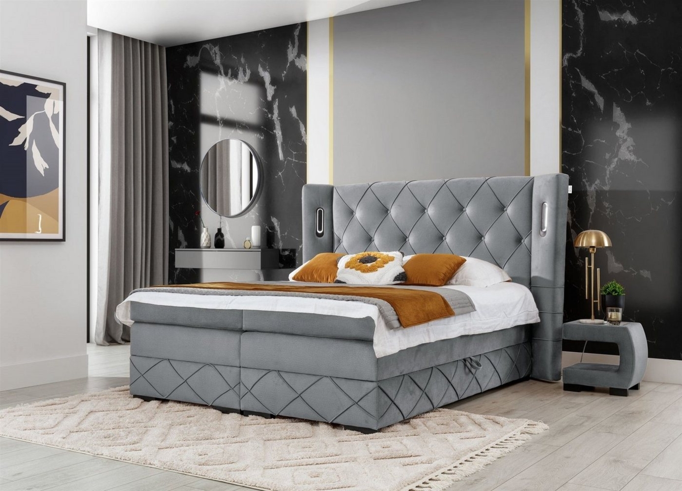Boxspringbett Schlafzimmerbett ELVIANO 200x200cm Stoff Hellgrau inkl. Ambiente-LED Bild 1