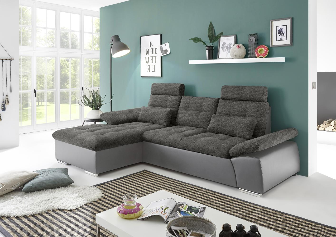 Ecksofa Couch Schlafcouch Schlafsofa Lederlook dunkelgrau Ottomane links L-Form Bild 1