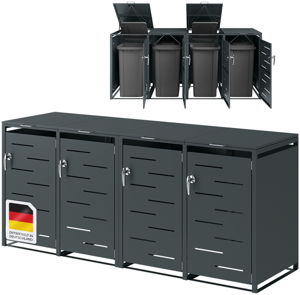 STEELSØN 'Diorus' Mülltonnenbox für 4 Tonnen je 240 Liter, anthrazit, Mülltonnenverkleidung aus Stahl mit Sichtstreifen, wetterfest, 116x80x264 cm, abschließbare Müllbox Bild 1