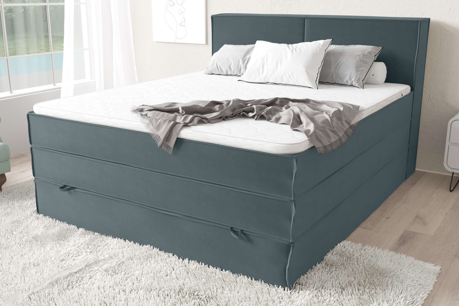 99rooms Santiago Boxspringbett Himmelgrau Velours KRONOS 120x200 cm Bonell-Federung Bild 1