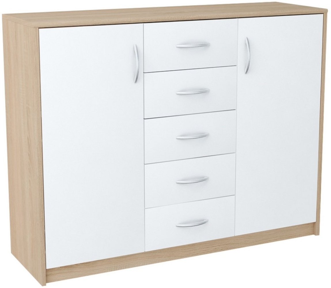 Home Collective Kommode mit 5 Schubladen und 2 Türen in matter Ausführung, Kommode 110cm breit (mit hochwertigen Polymergriffen, aus laminierter Platte gefertigt, Metallrollen mit Auszugsstopp), Holz Schrank Sideboard Highboard Kommode mit Schubladen s... Bild 1