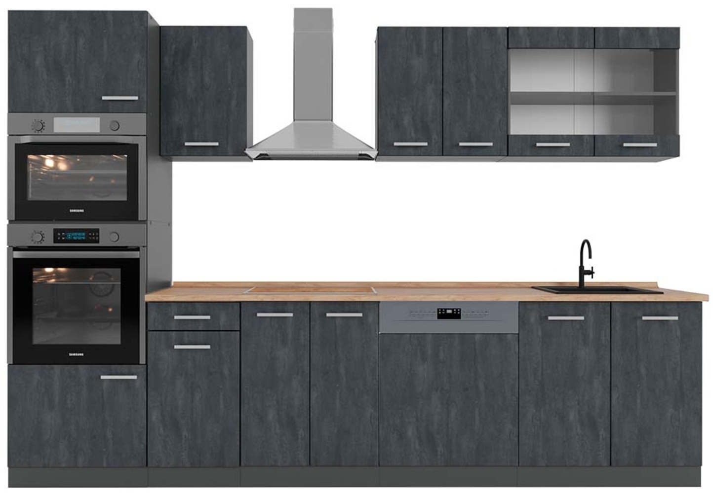 Vicco Küchenzeile Schwarz Beton/Anthrazit 300 cm AP Eiche, R-Line Bild 1
