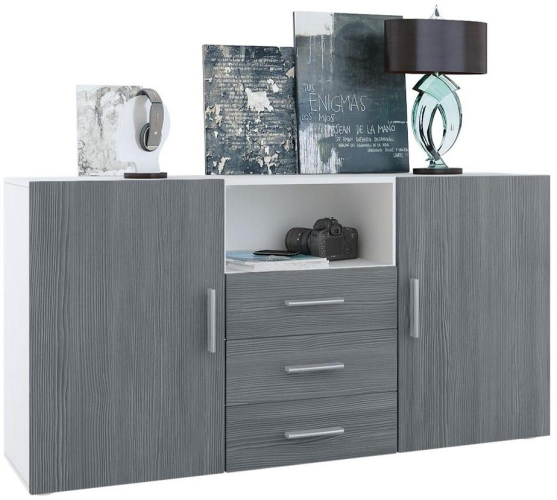 Vladon Sideboard Skadu, Kommode mit 2 Türen, 3 Schubladen und 1 offenem Fach, Weiß matt/Avola-Anthrazit (138,5 x 71,5 x 35 cm) Bild 1