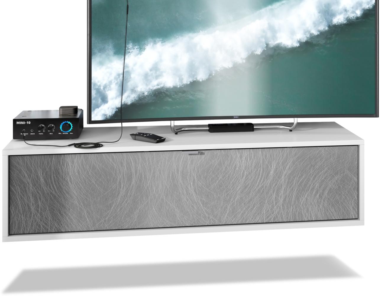 TV Board Lana 120 Hängeschrank Lowboard 120 x 29 x 37 cm, Korpus in Weiß Matt, Fronten in Scratchy Metal Bild 1