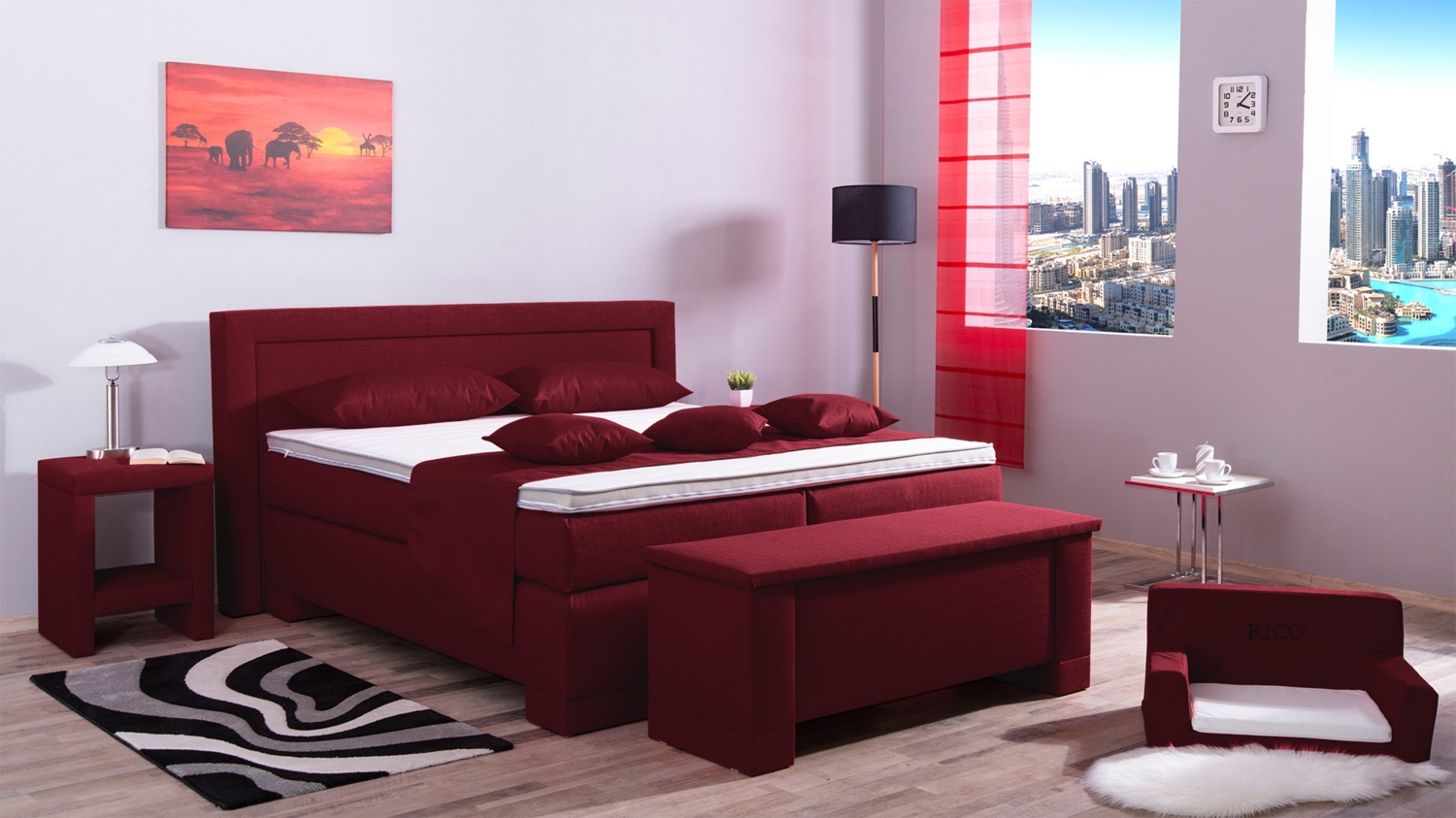 Meisterbetten Boxspringbett Rico 240x220 in W-Red, Matratzenbezug Nano, Komfortschaum-Topper Bild 1