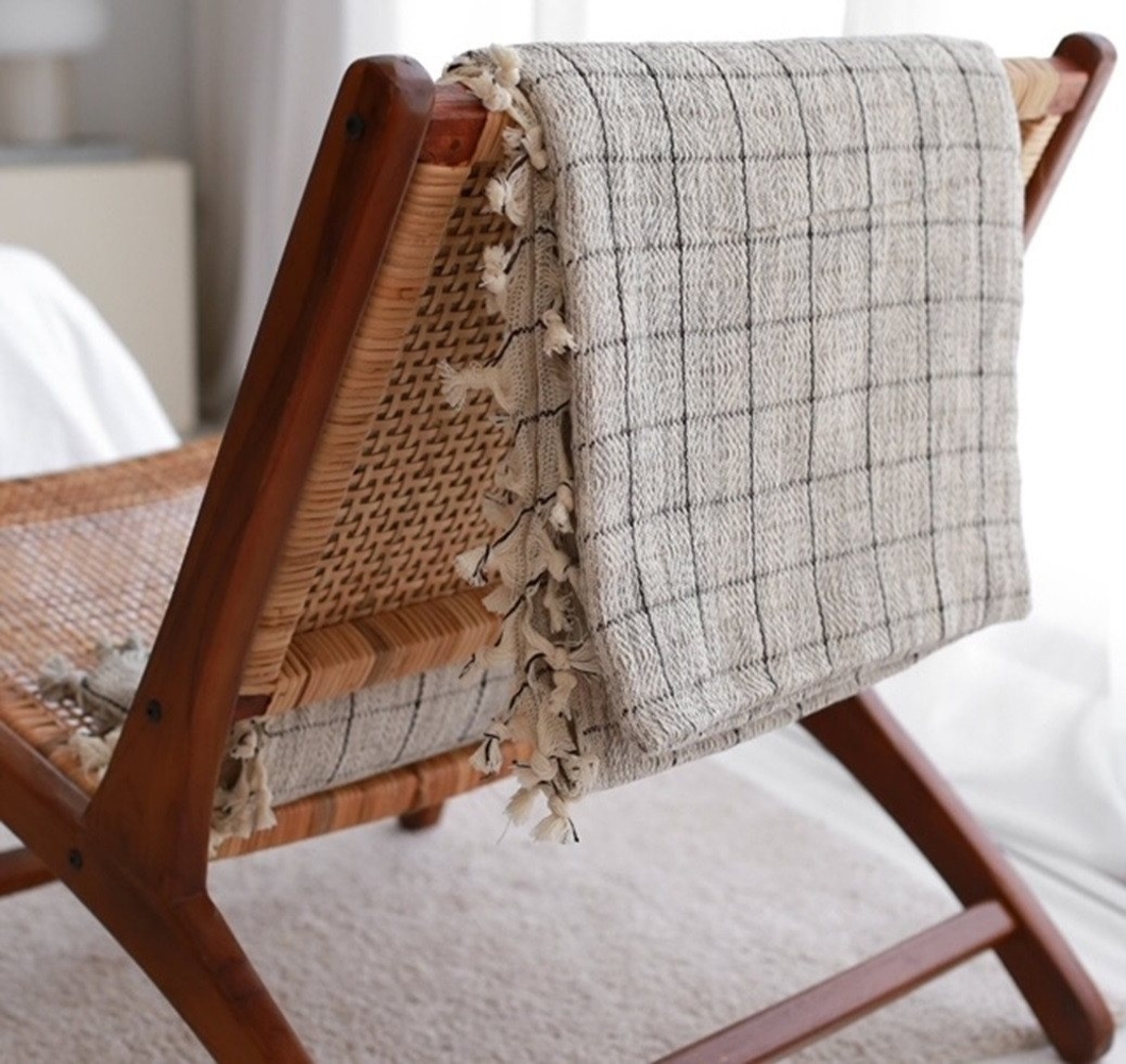 Plaid Plaid Grau mit Schwarzen Streifen Biobaumwolle 170cmx200cm, Sandiik, handgwebte Kuscheldecke Bild 1