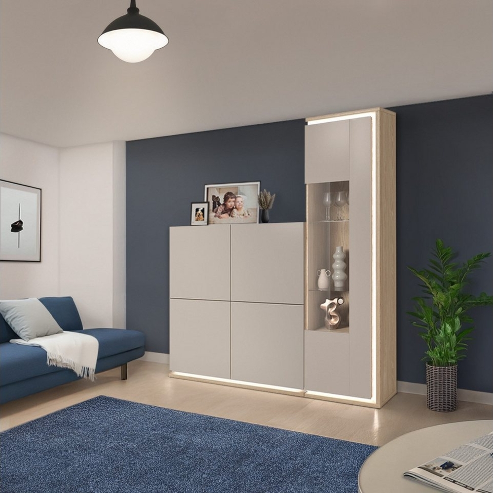 Lomadox Wohnzimmer-Set DRACHTEN-83, (Mega-Spar-Set, 2-St, Highboard Vitrine), Wohnmöbel Eiche kaschmir Modern inkl. LED-Beleuchtung Bild 1