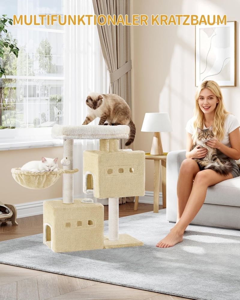 Kratzbaum, 75 cm Stabil Katzenbaum, Katzenkratzbaum mit Großer Liegefläche, Katzenhöhle, Sisalstämme, Korb, Plüschbälle, Katzenmöbel Spielbaum, Beige Bild 1