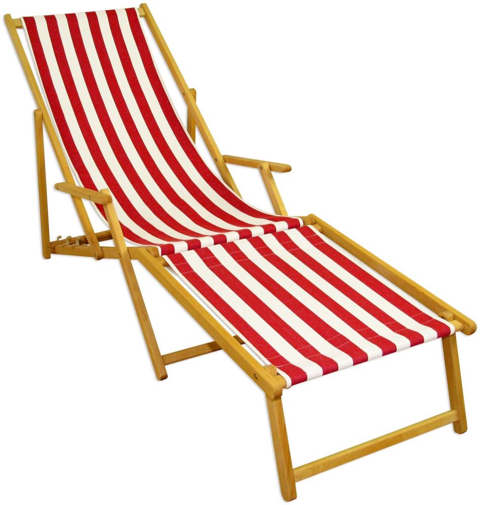 Liegestuhl rot-weiß Strandliege Sonnenliege Relaxliege Deckchair Buche hell Fußteil 10-314 N F Bild 1