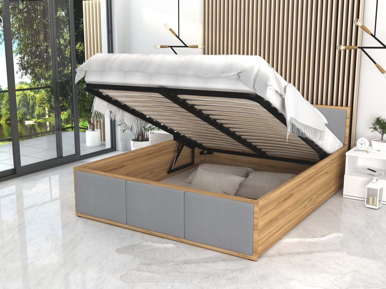 FDM Polsterbett mit Lattenrost Doppelbett 120x200, 140x200, 160x200, 180x200 (Bettrahmen mit Bettkasten für viel Stauraum, in Grau,Weiß oder Eiche Braun, ideal für Paare), Metallrahmen mit hydraulischer Klappfunktion Bild 1