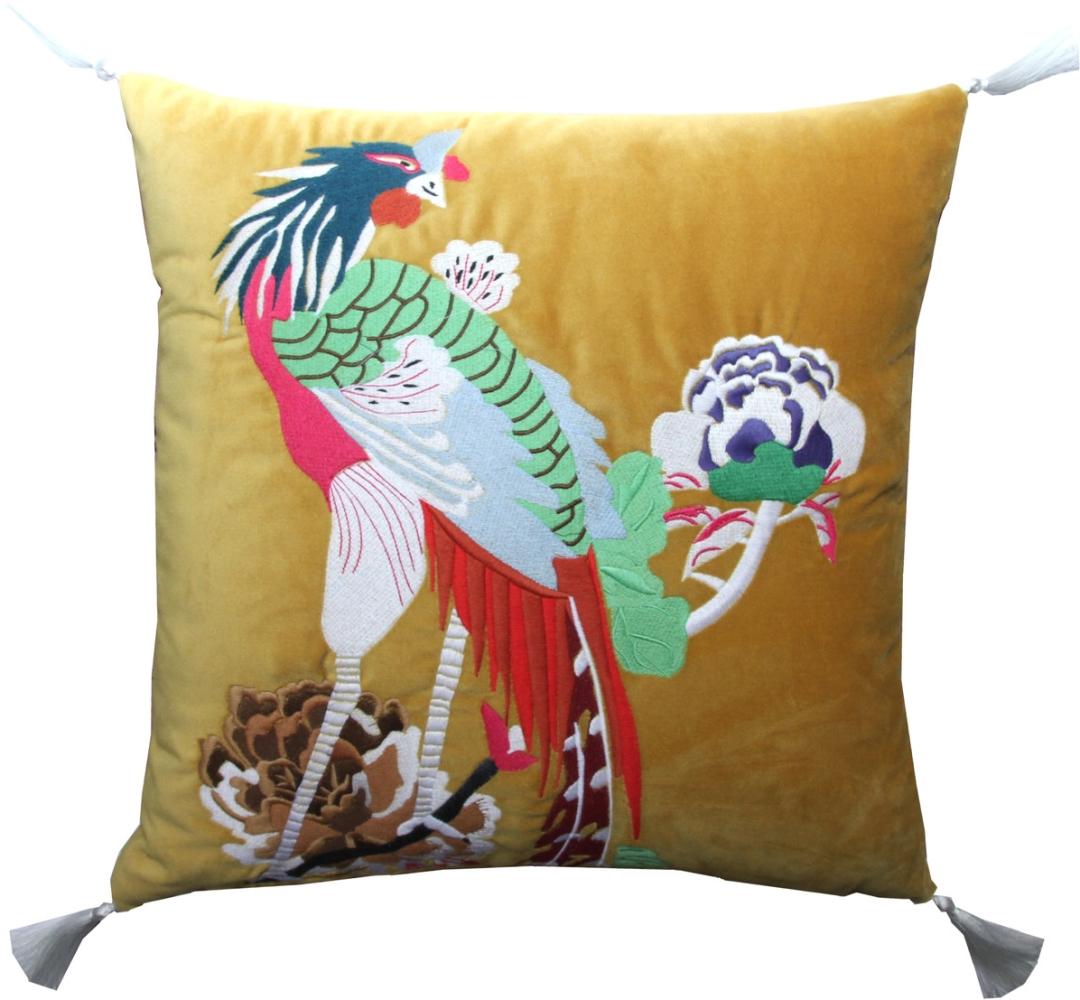 Casa Padrino Luxus Deko Kissen mit Troddeln Bird Gelb / Weiß 45 x 45 cm - Feinster Samtstoff - Luxus Deko Accessoires Bild 1