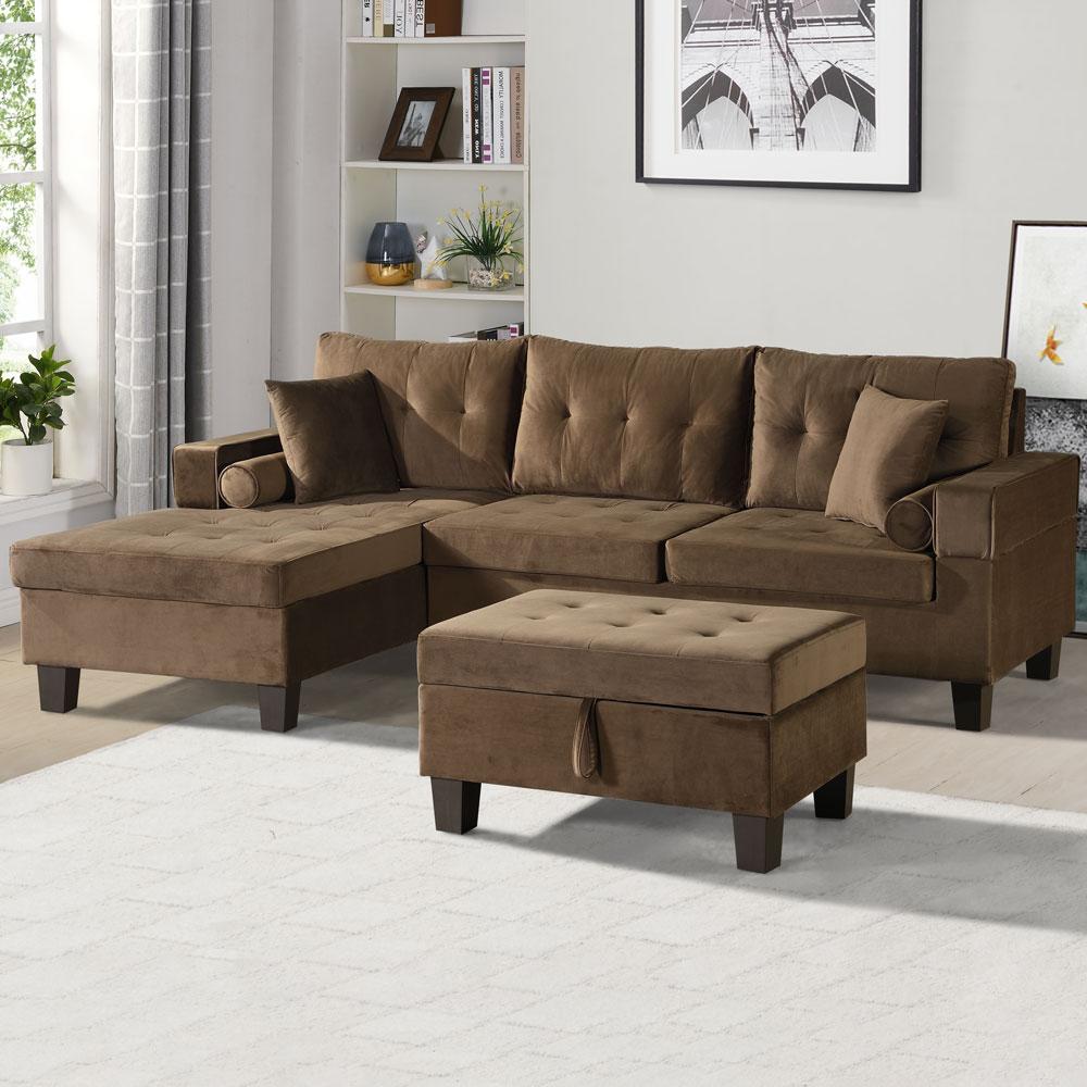 HOME DELUXE 'Rom' Ecksofa mit Hocker, Samt Braun, Ausrichtung Rechts Bild 1