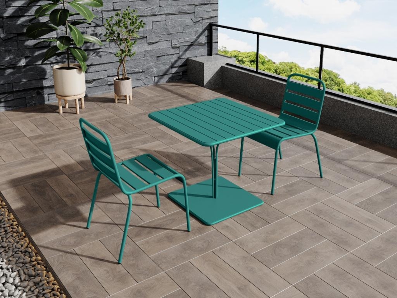 Vente-unique - Garten-Essgruppe: Tisch L. 80 cm + 2 stapelbare Stühle - Metall - Blau - MIRMANDE von MYLIA Bild 1