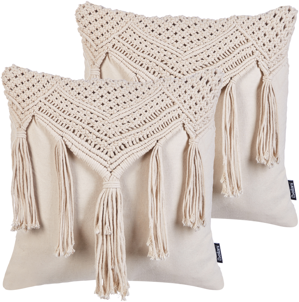 Kissen 2er Set BEDADI Baumwolle 45 x 45 cm Geometrisches Muster Makramee Helles Beige Bild 1