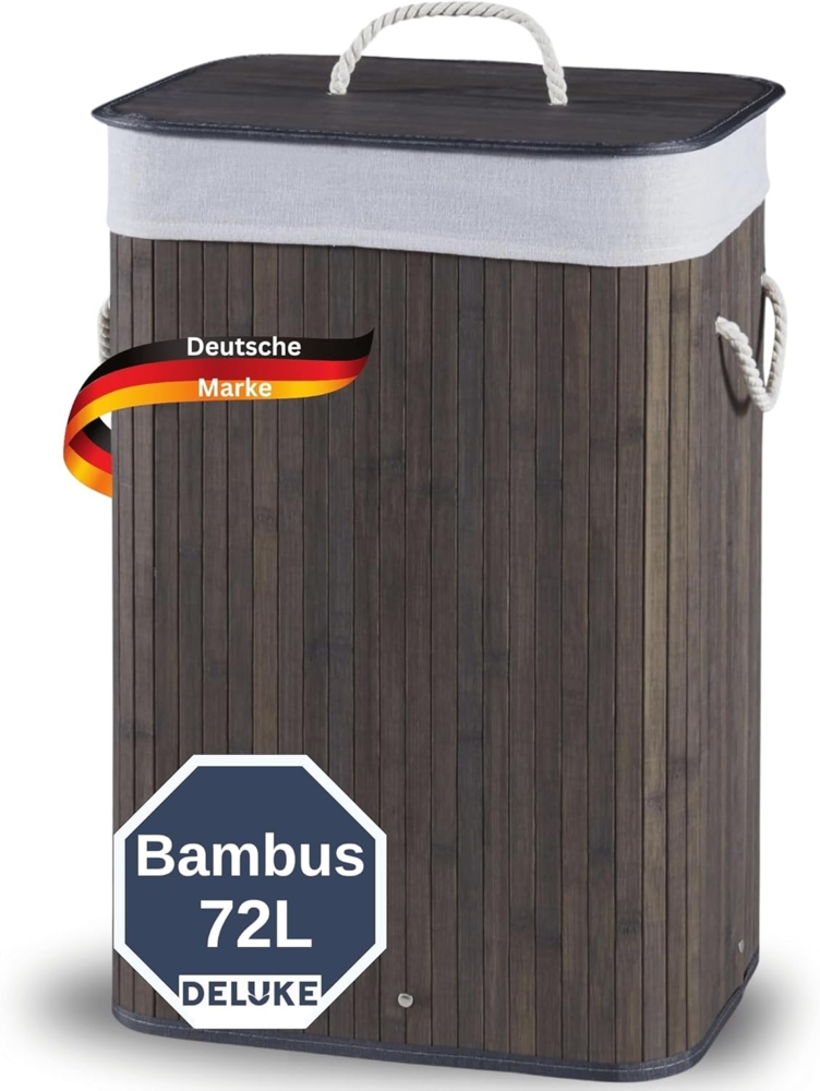 DELUKE® Wäschekorb Bambus 72 L - Wäschekorb mit Deckel Abnehmbarer Waschbarer Beutel mit Griffen Korb für Waschküche Wäschekorb Schlafzimmer Wäschesammler Dunkelbraun Bild 1