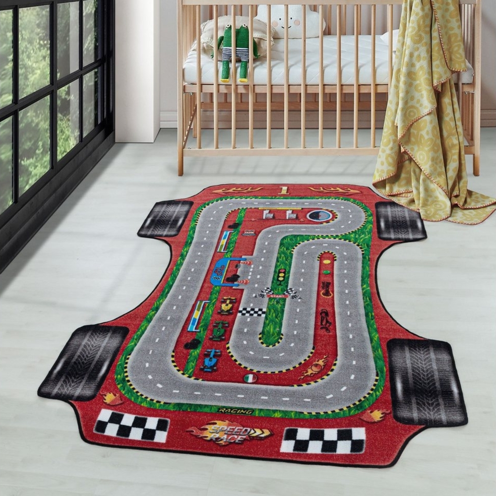 Carpettex Kinderteppich Rennstrecke, Rechteckig, Höhe: 7 mm, Kinderteppich Rot Rennstrecke Teppich Kinderzimmer Rutschfest Waschbar Bild 1