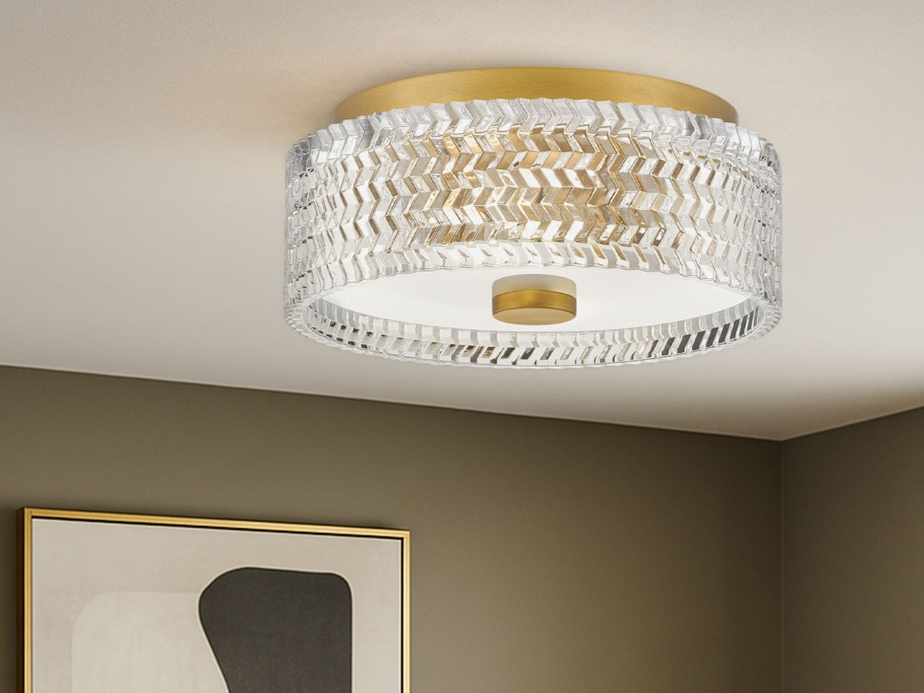 Retro LED Deckenleuchte Messing mit Chevron Glas Lampenschirm Ø 30,5cm Bild 1