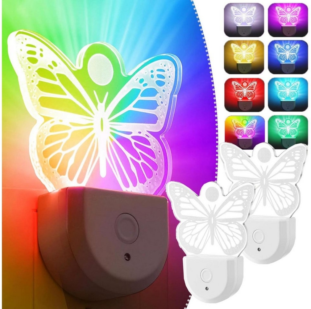 MUPOO Steckdosenleuchte Dynamisches RGB Regenbogen, Dinosaurier, Schmetterling Nachtlicht, Schmetterling, LED fest integriert, Nachtlicht mit Dämmerungssensor, Badezimmer-/Kinderzimmer-Deko Bild 1