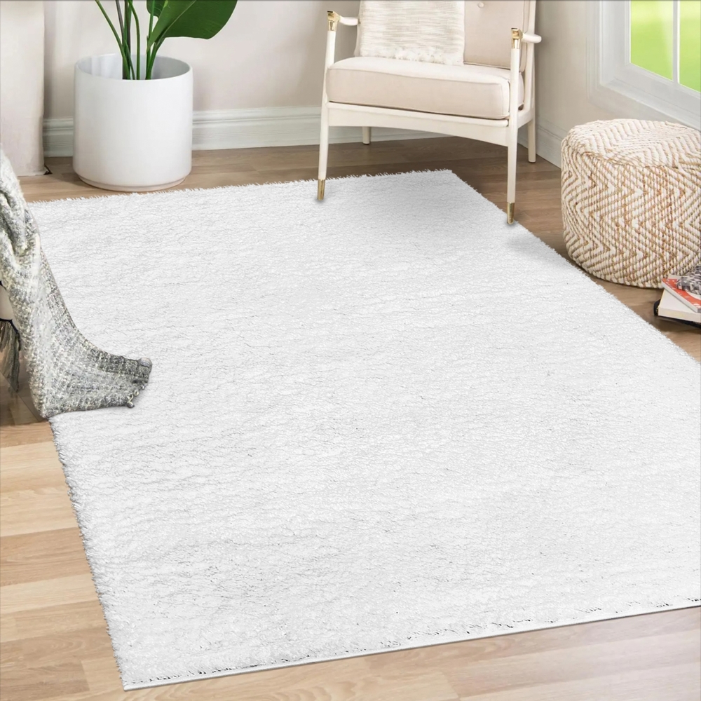 Teppich Wohnzimmer Hochflor Shaggy - 160x230cm - Weiß Einfarbig Uni Flauschig Modern Boho Deko Teppiche Weich Schlafzimmer Bild 1