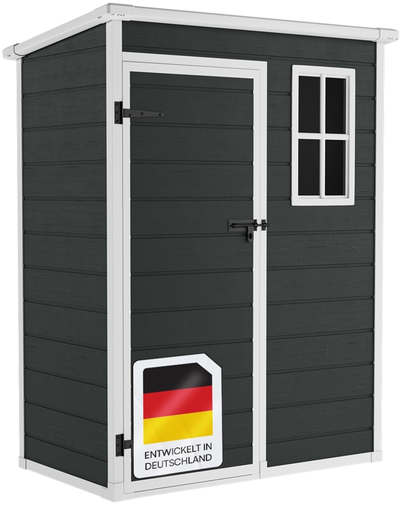 STEELSØN 'Novara' Gerätehaus Pultdach, Kunststoff, dunkelgrau, wetterfest, 192/183x92x151 cm, abschließbar, Gartenhaus mit Fenster Bild 1