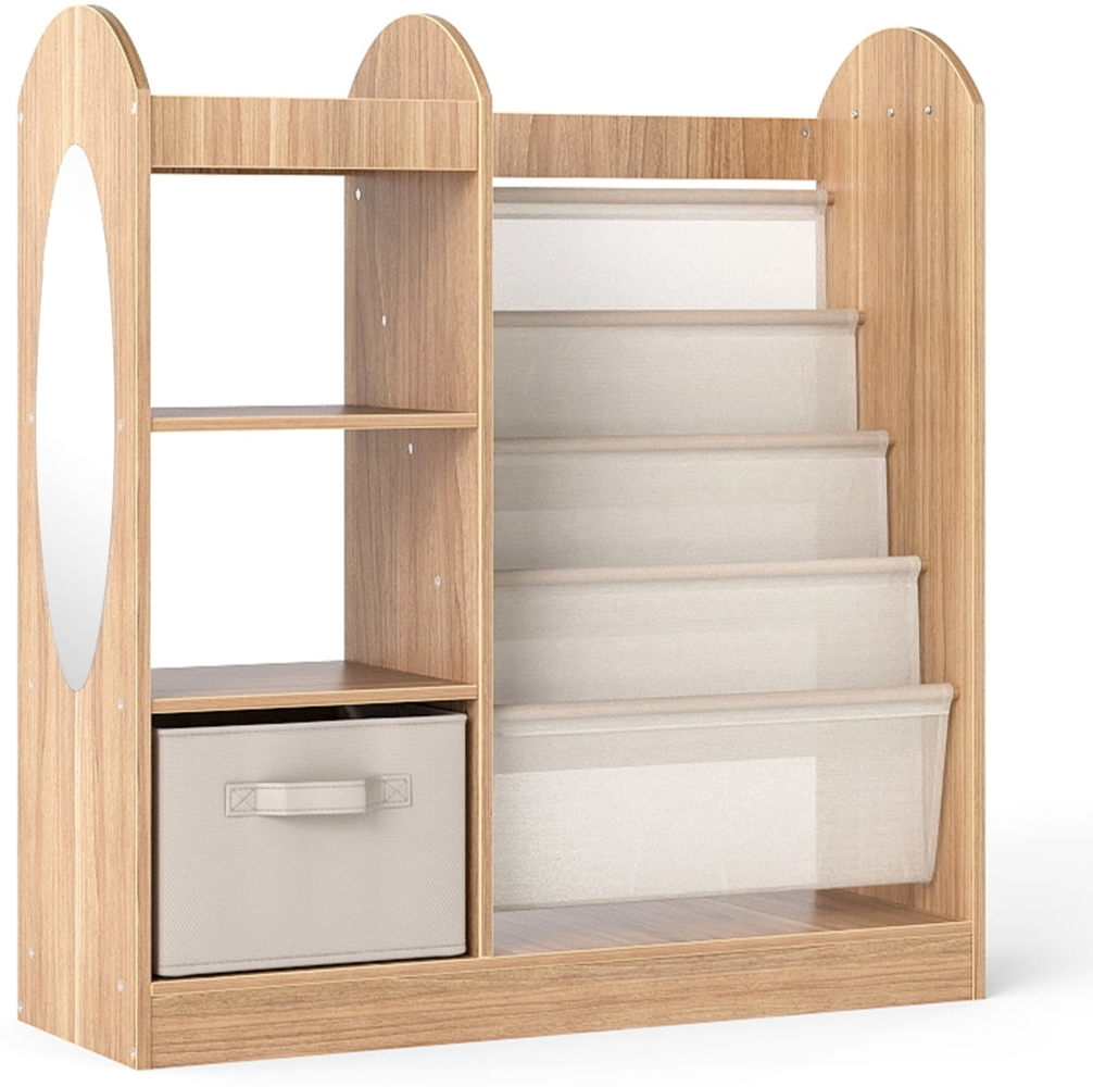 Kinder Bücherregal mit Ganzkörperspiegel Spielzeugaufbewahrungsorganizer mit 4-lagigen Sling-Regalen Natur Bild 1