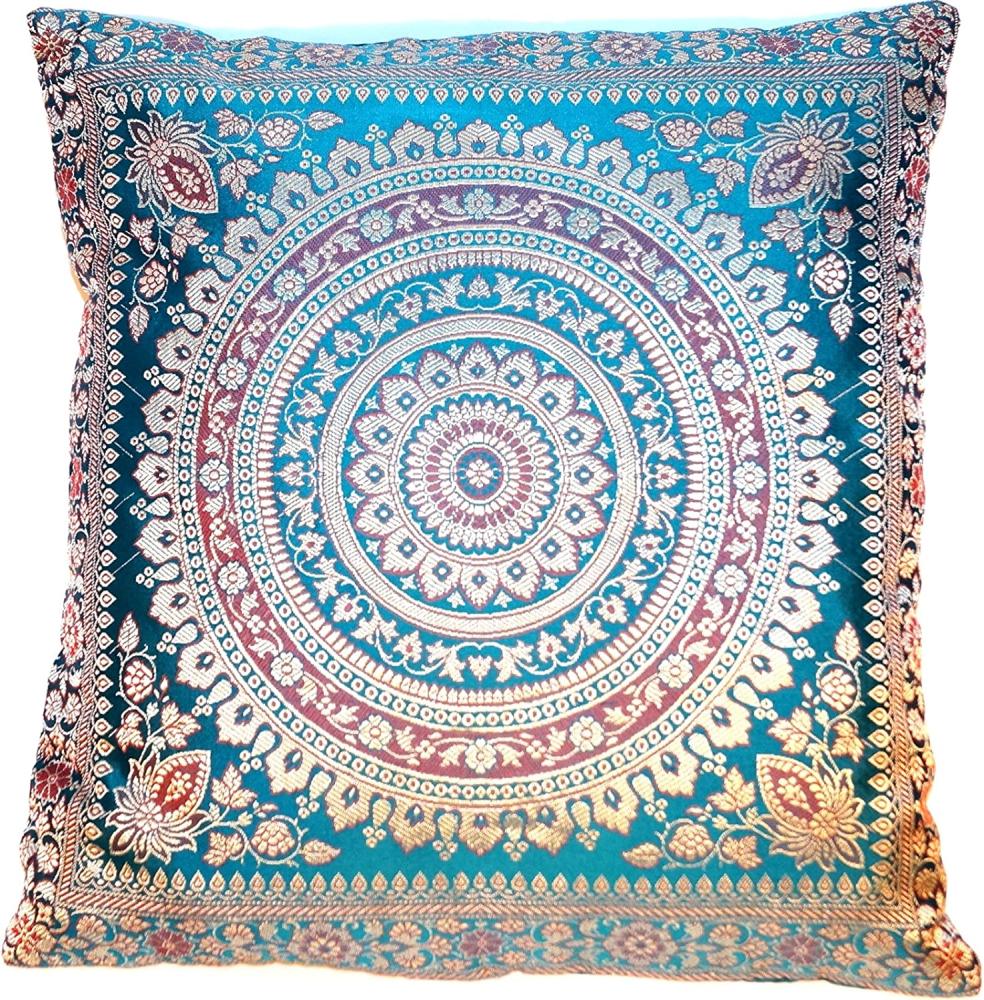 Handgewebt und Handgefertigt Indische Banarasi Seide Kissenbezug, Dekokissen - Mandala Muster mit unsichtbarer Reißverschluss - 40 x 40 cm | 16 x 16 Zoll, Flaschengrün Bild 1