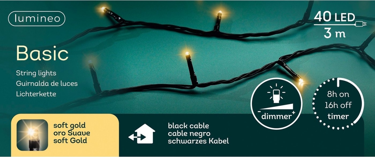 Lumineo LED-Lichterkette Lumineo Lichterkette BASIC 40 LED 3 m Soft Gold, schwarzes Kabel, Indoor/Outdoor, dimmbar, 8h-Timer, 5 m Zuleitung Bild 1