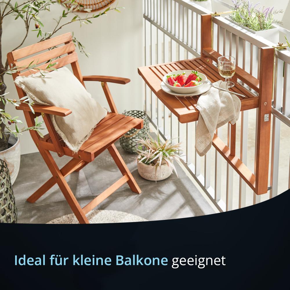 KHG Balkon-Klapptisch aus Eukalyptus-Holz für Terrasse oder Balkon zum Hängen, rechteckig 60x40 cm, geölt, klappbar, wetterfest, UV-beständig, platzsparend Bild 1