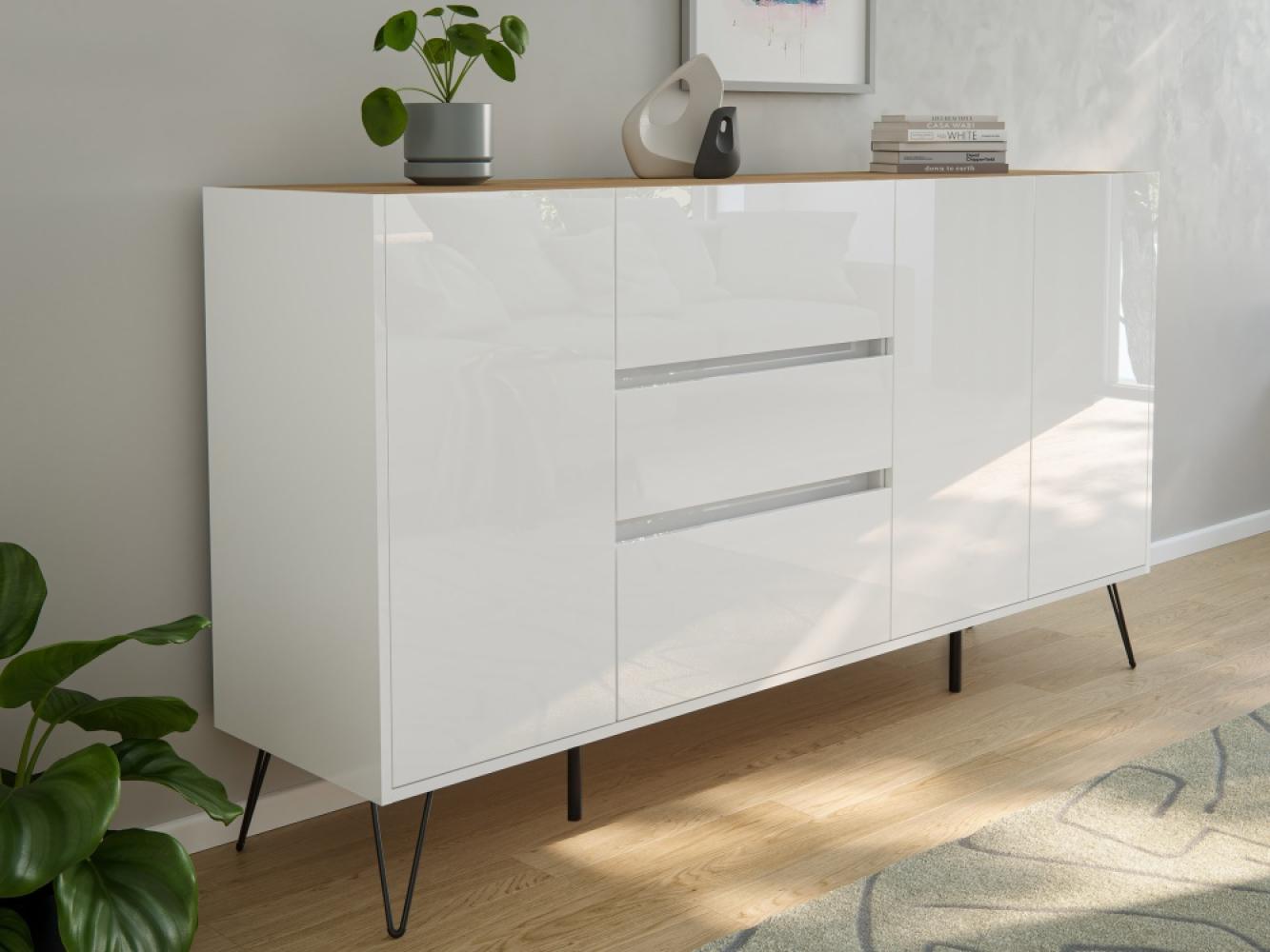 Design Sideboard Kommode Zuma 180cm Greifraum 3 SoftClose 3 Türen Weiß/Eiche Top : Weiss hochglanz / Oak Gold Bild 1