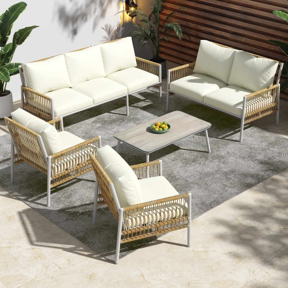 Merax Gartenmöbel-Set 7-Sitzer,7 Sitzplätze, 1 Couchtisch, PE-Rattan, gehärtetes Glas, Sitzkissen abnehmbar und waschbar, beige Bild 1