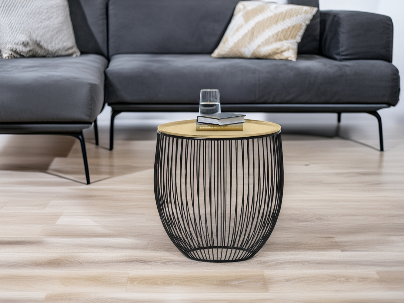 Beistelltisch RINA Korbtisch Metall Schwarz und Tischplatte Gold, Höhe 42cm Bild 1