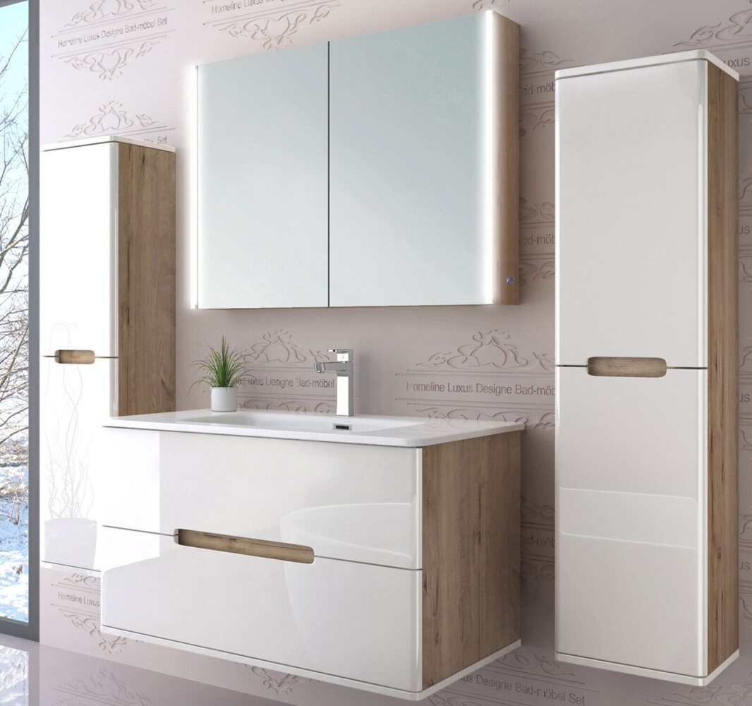 Homeline Badmöbel-Set Bad Möbelset Badezimmer Möbel Hochglanz 90 Eiche Weiß Spiegelschrank, (Spar Set, 3-St, Bis zum fünfteiliges Set), Hochglanz Spiegelschrank mit LED Beleuchtung keramik, Waschbecken Bild 1