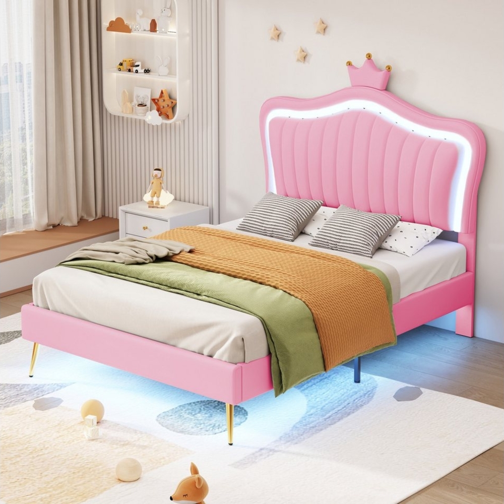 OKWISH Bett Kinderbett Polsterbet Gästebett (mit LED-Leuchten, Lattenrost und Rückenlehne(Matratze nicht enthaltet), Kronen-Doppelbettgestell), Ohne Matratze Bild 1