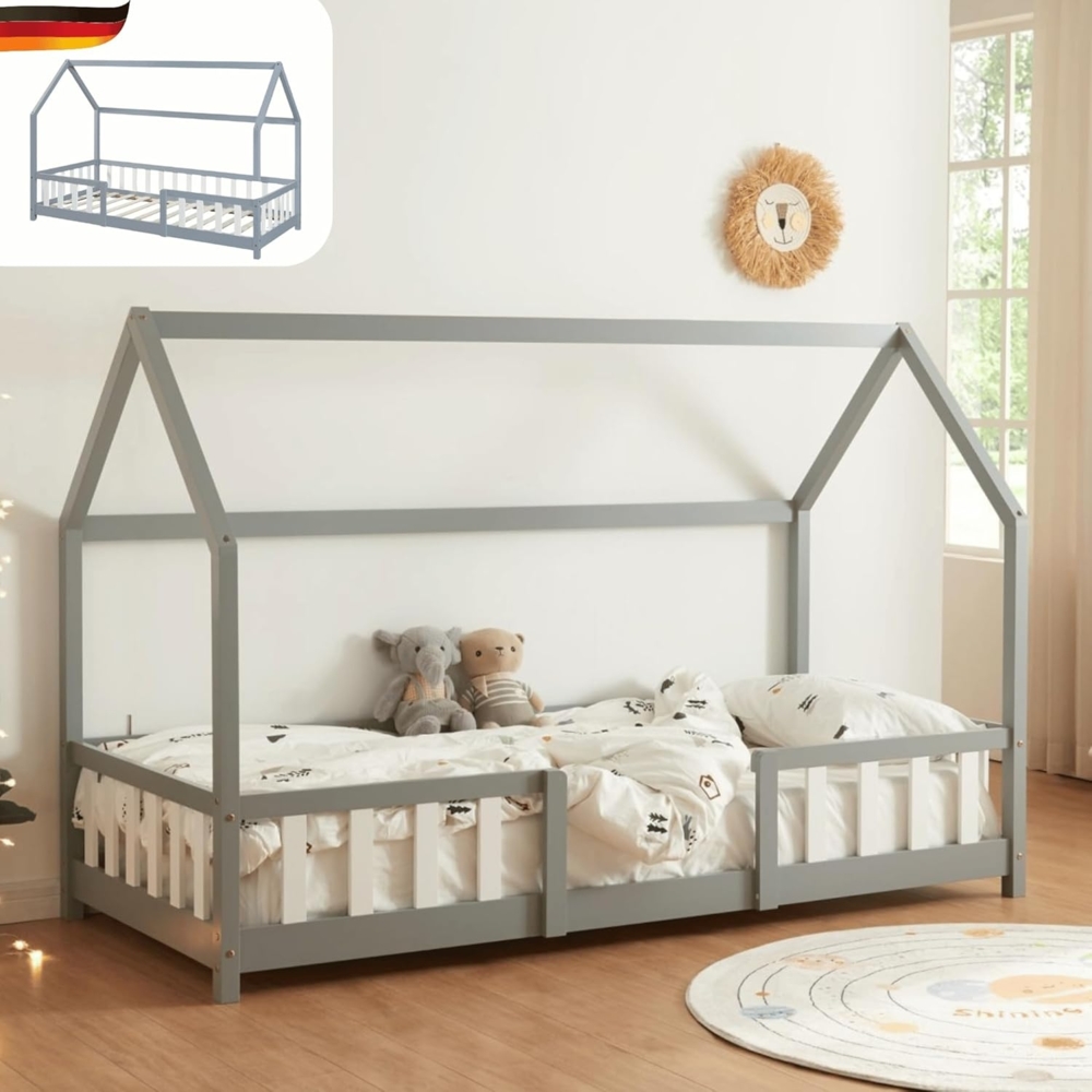 DELUKE® Kinderbett 90x200 cm LULO - Inkl. Lattenrost Rausfallschutz Einzelbett Hausbett Kinderzimmer Bodenbett Kinder Bett Klein Montessori Bett Grau Bild 1