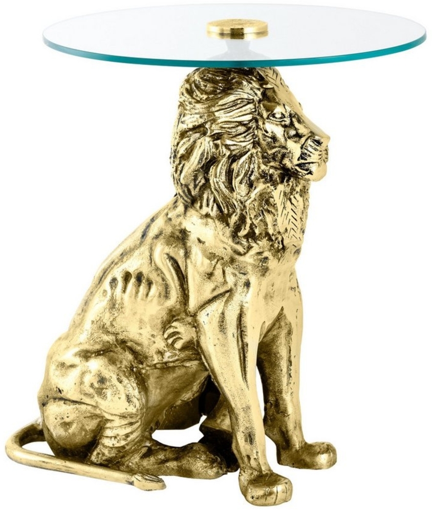 riess-ambiente Beistelltisch WILDLIFE LION 60cm gold antik / transparent · Couchtisch aus Metall (Einzelartikel, 1-St), Wohnzimmertisch mit Glas-Tischplatte · rund · handmade · Löwen-Statue Bild 1