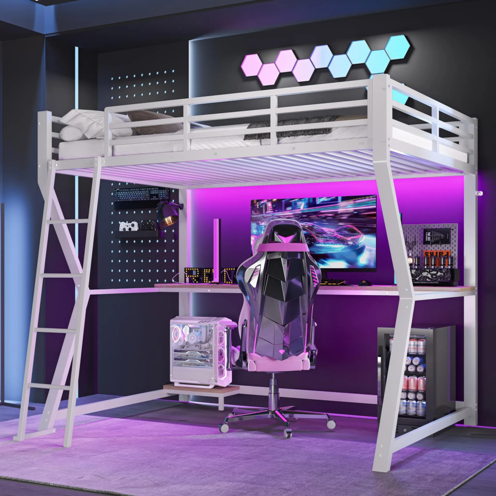 Hochbett mit Schreibtisch und LED-Beleuchtung (90x200 cm) Kinderbett mit Rausfallschutz, Metallbett Bild 1