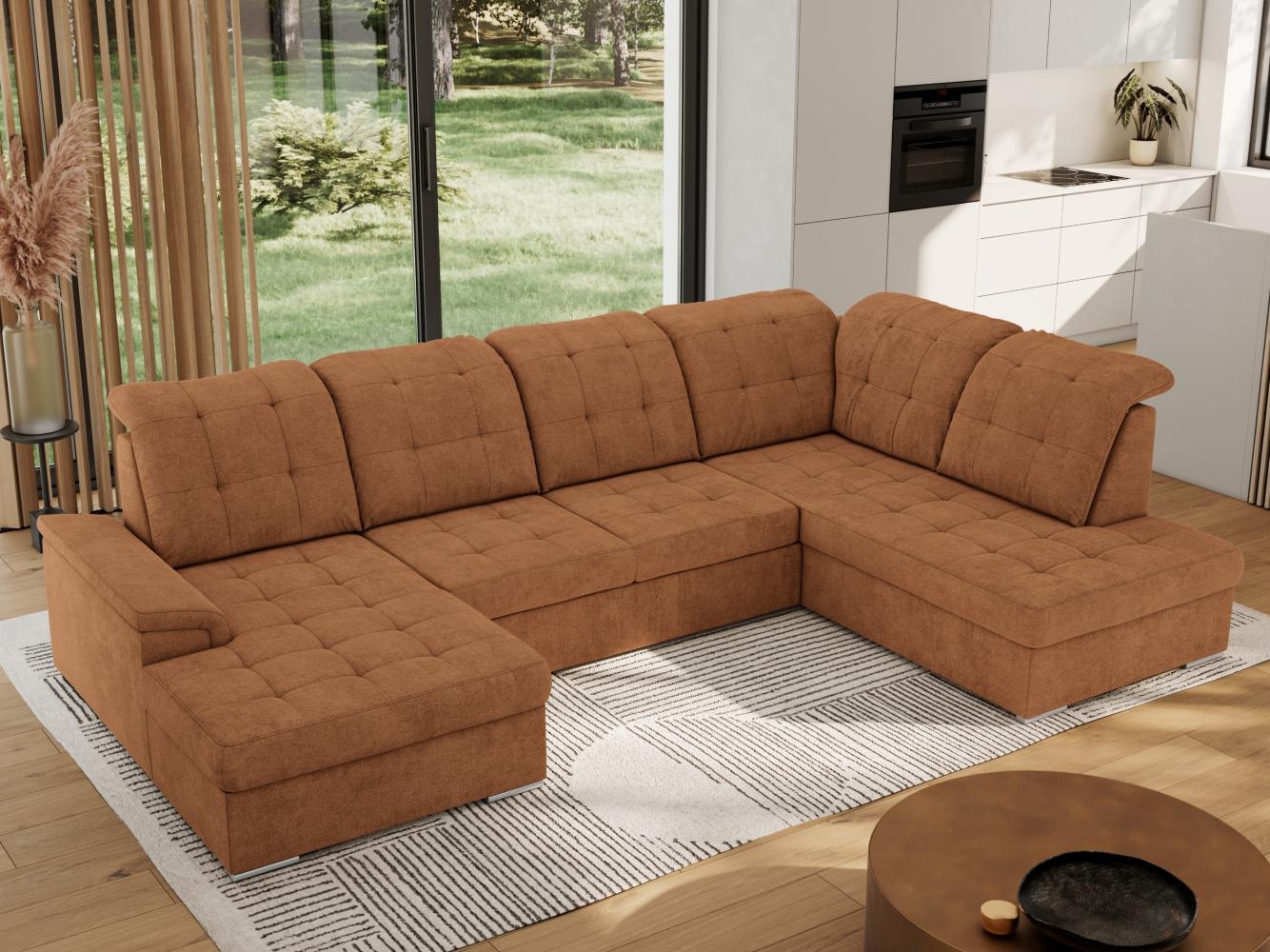 Ecksofa, Wohnzimmer U Couch, Polstersofa mit Bettkasten - MADRITO U - Orange Struktur - Rechts Bild 1