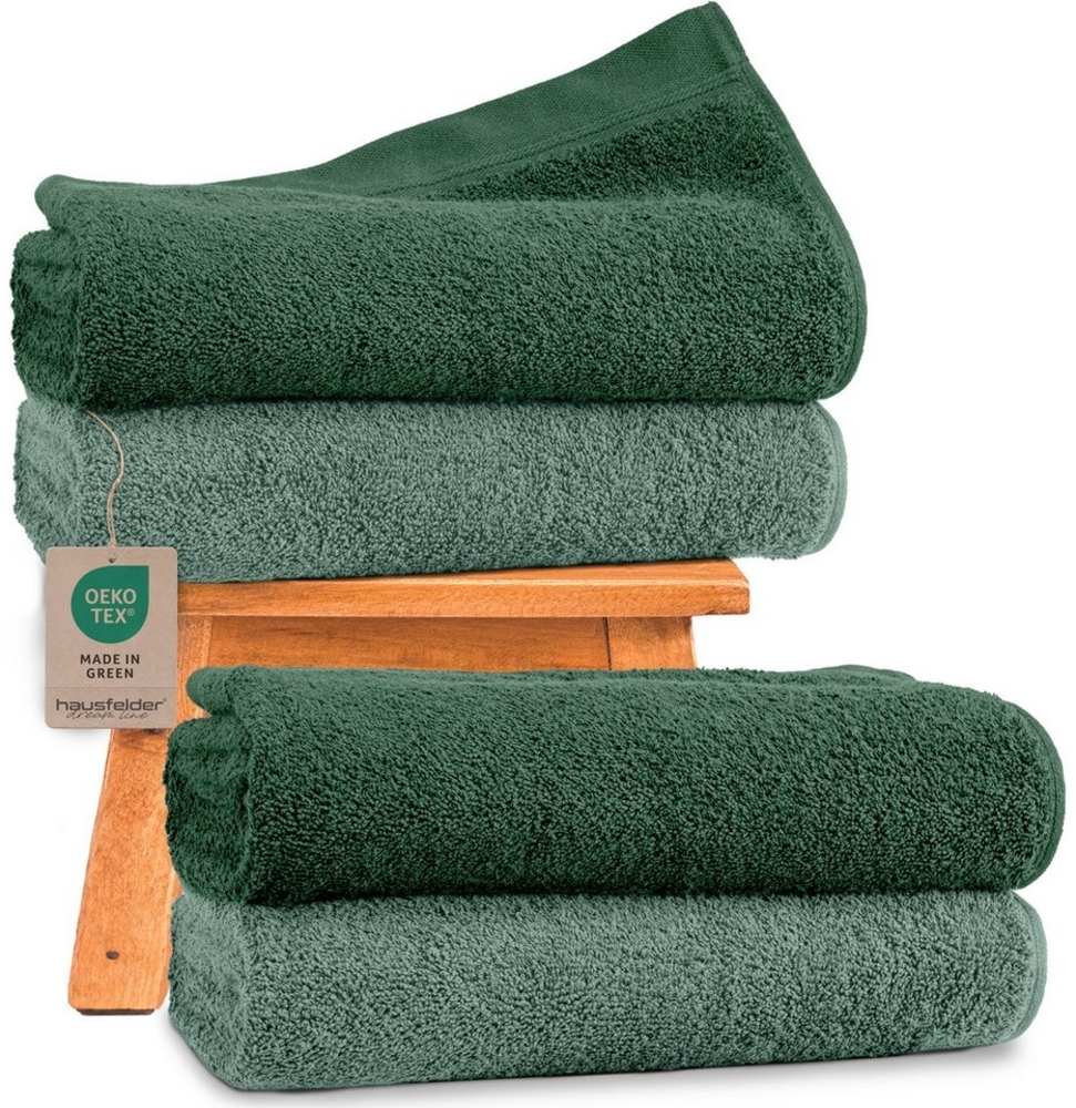 Hausfelder Handtücher Premium Duschtuch Farbmix 4er Set (Dunkelgrün/Hellgrün, 4x 70x140cm), Frottier (4-St), Mit Aufhängeschlaufen, 100% Baumwolle, weich, saugfähig, Uni-Farben Bild 1