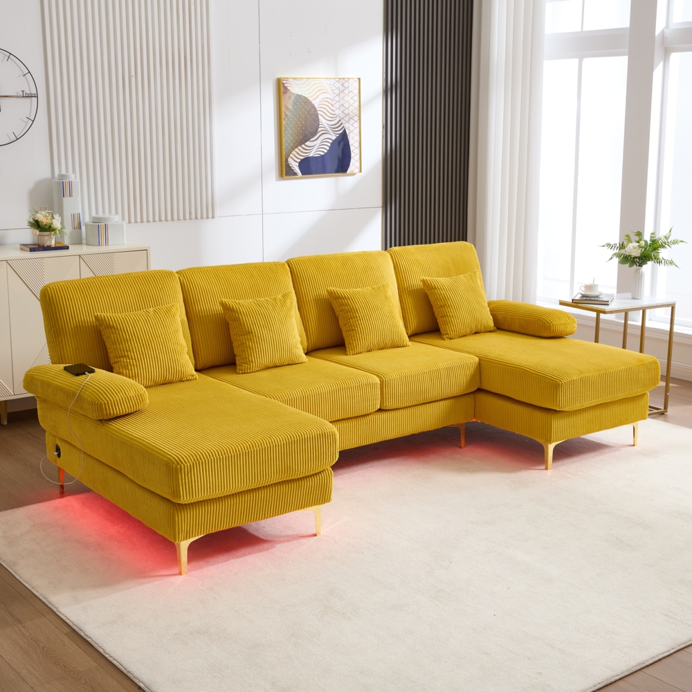 LVHOM U-Form Ecksofa mit Schlaffunktion & LED-Beleuchtung, Wohnzimmersofa mit USB-Anschluss, Cord Stoff Couch Sofa Bild 1