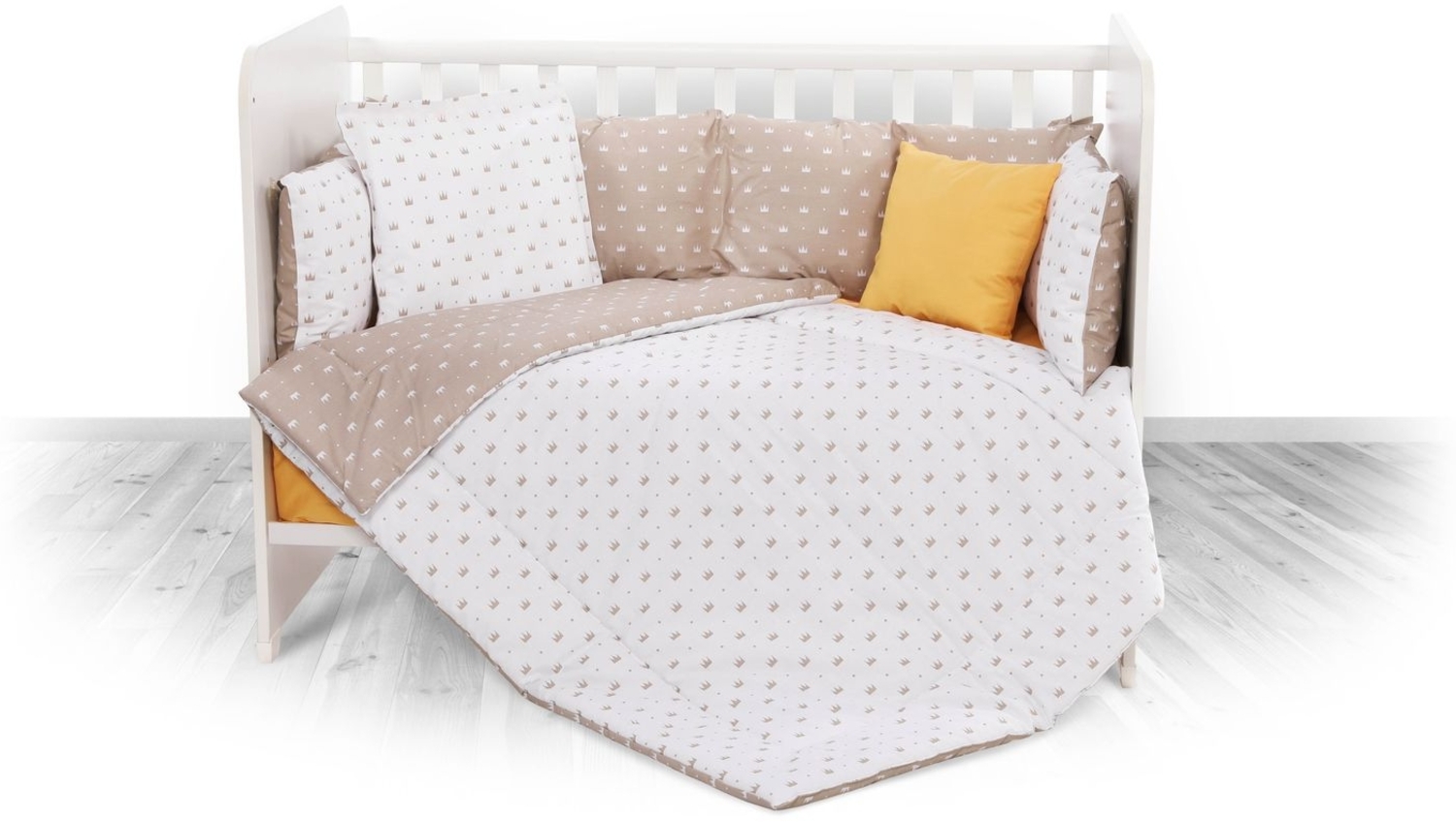 Lorelli Babybettwäsche-Set 5-tlg. Decke 140x95 cm Kissen 43x35 cm Nestchen beige Krone Bild 1