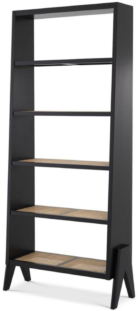 Casa Padrino Luxus Regalschrank Schwarz / Naturfarben 95 x 36 x H. 211 cm - Edler Massivholz Schrank mit Rattangeflecht - Wohnzimmerschrank - Büroschrank - Luxus Möbel Bild 1