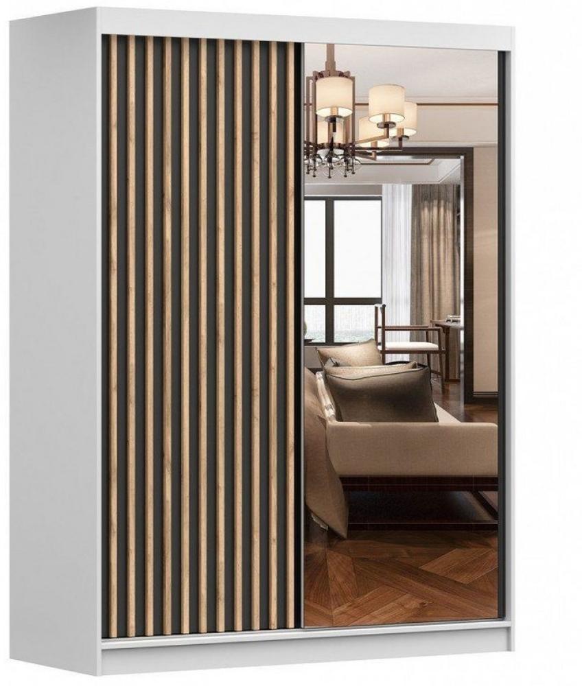 MOEBLO Kleiderschrank LABI (Schiebtüren Schlafzimmer Wohnzimmerschrank mit Lamellen und Spiegel, Schwebetürenschrank 2-türig Schrank mit Einlegeböden und Kleiderstange) (BxHxT): 150x200x61 cm Bild 1